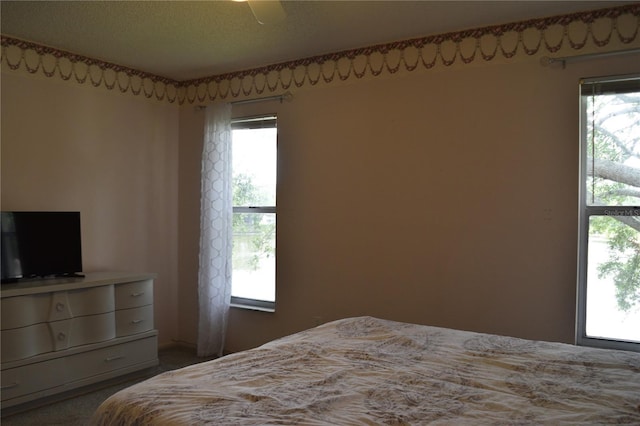 bedroom featuring multiple windows, carpet flooring, and a ceiling fan