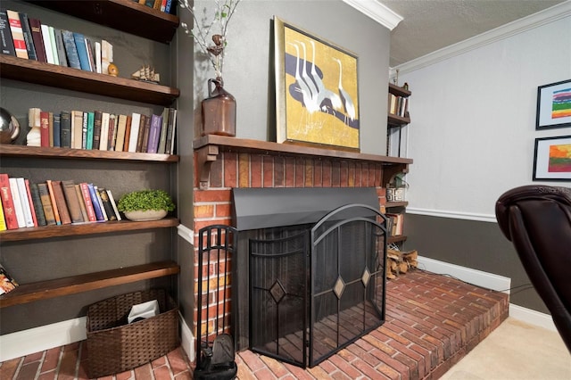 office with a fireplace, ornamental molding, baseboards, and brick patterned floors