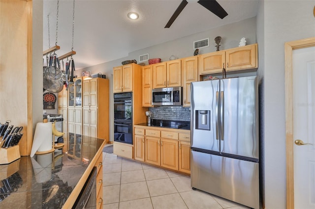 kitchen featuring black appliances, a ceiling fan, backsplash, light brown cabinetry, and light tile patterned flooring