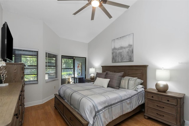 bedroom featuring high vaulted ceiling, light wood-style flooring, baseboards, and a ceiling fan