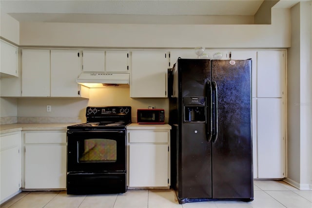 8110 Pond Shadow Ln, Tampa, FL 33635 - kitchen featuring under cabinet range hood, black appliances, light countertops, light tile patterned floors, and white cabinets