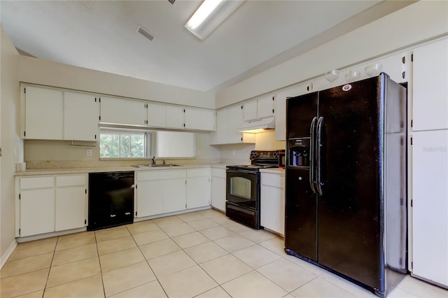 8110 Pond Shadow Ln, Tampa, FL 33635 - kitchen featuring black appliances, a sink, under cabinet range hood, light countertops, and white cabinetry