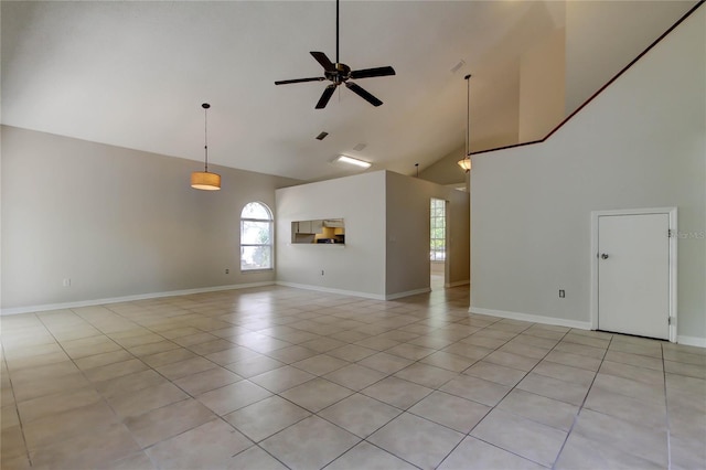 8110 Pond Shadow Ln, Tampa, FL 33635 - unfurnished living room featuring high vaulted ceiling, a ceiling fan, plenty of natural light, light tile patterned floors, and baseboards