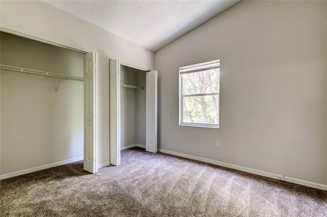 8110 Pond Shadow Ln, Tampa, FL 33635 - unfurnished bedroom with multiple closets, carpet, vaulted ceiling, baseboards, and a textured ceiling