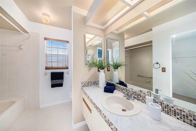 4270 Boston Cir, New Port Richey, FL 34653 - bathroom with toilet, shower / bath combination, vanity, baseboards, and tile patterned flooring