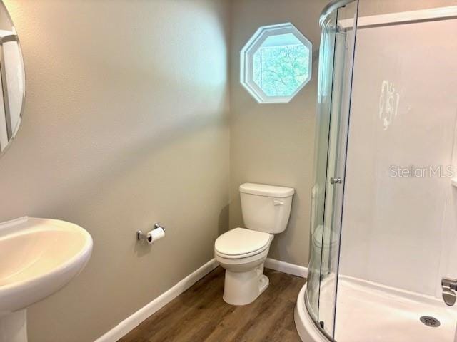 6952 W Barbara Ann Ln, Homosassa, FL 34446 - bathroom with a shower stall, toilet, wood finished floors, baseboards, and a sink
