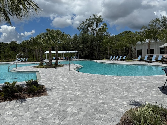 10098 Banyan Breeze Blvd, Land O Lakes, FL 34638 - community pool with a patio, view of wooded area, and a gazebo