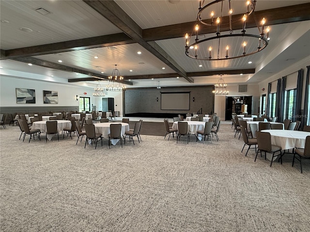 10098 Banyan Breeze Blvd, Land O Lakes, FL 34638 - carpeted dining space featuring a chandelier, beam ceiling, and recessed lighting