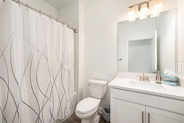 10098 Banyan Breeze Blvd, Land O Lakes, FL 34638 - full bathroom with vanity, toilet, shower / tub combo with curtain, and wood finished floors