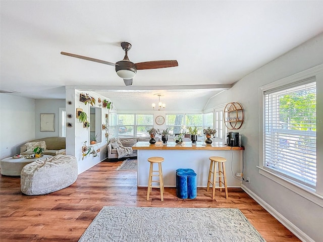 1221 E Hamilton Ave, Tampa, FL 33604 - kitchen featuring a ceiling fan, a kitchen breakfast bar, a peninsula, wood finished floors, and lofted ceiling