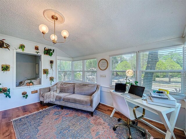 1221 E Hamilton Ave, Tampa, FL 33604 - home office with a textured ceiling, lofted ceiling, wood finished floors, and a chandelier