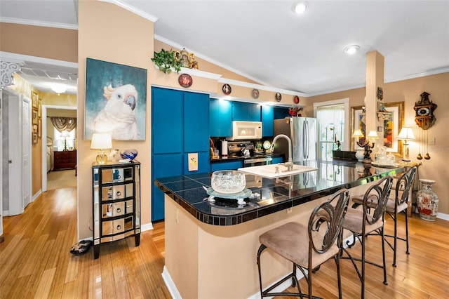 420 Hanby St, Crystal Beach, FL 34681 - kitchen featuring appliances with stainless steel finishes, a breakfast bar, light wood finished floors, blue cabinetry, and baseboards