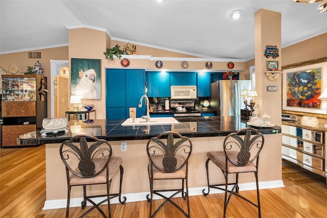 420 Hanby St, Crystal Beach, FL 34681 - kitchen with stainless steel appliances, a breakfast bar, a sink, tile counters, and light wood-style floors