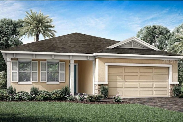 ranch-style house with a shingled roof, stucco siding, an attached garage, and stone siding