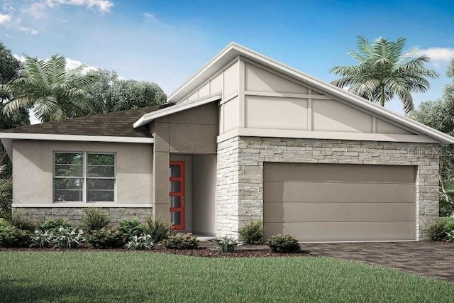 modern home with stone siding, an attached garage, stucco siding, and driveway
