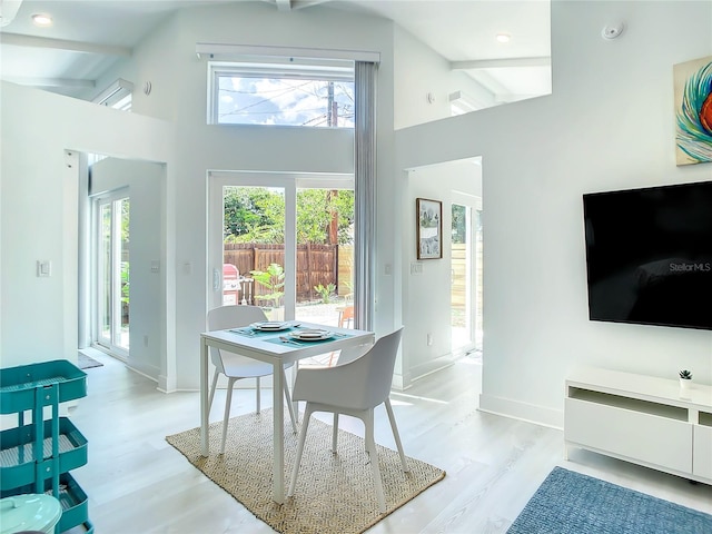5111 28th Ave N, Saint Petersburg, FL 33710 - dining room with light wood finished floors, beamed ceiling, high vaulted ceiling, and baseboards