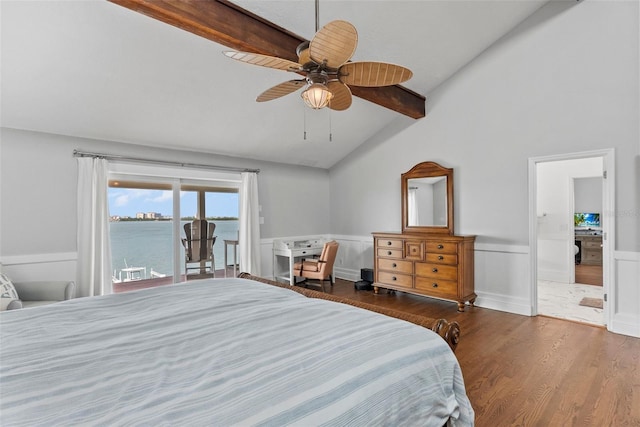 297 1st St W, Tierra Verde, FL 33715 - bedroom featuring access to outside, a wainscoted wall, wood finished floors, a ceiling fan, and a water view