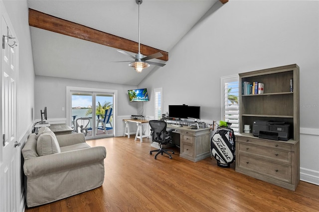 297 1st St W, Tierra Verde, FL 33715 - office featuring beamed ceiling, light wood-style floors, a ceiling fan, and high vaulted ceiling