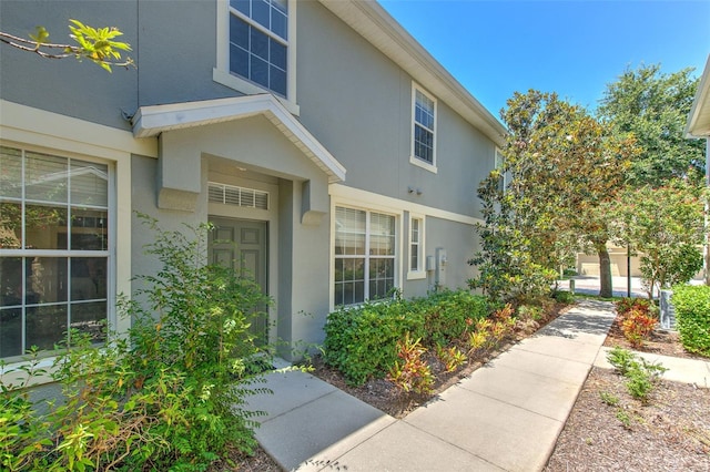 view of exterior entry with stucco siding