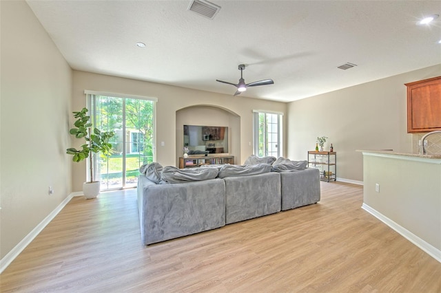 living room with healthy amount of natural light, light wood-style flooring, and baseboards