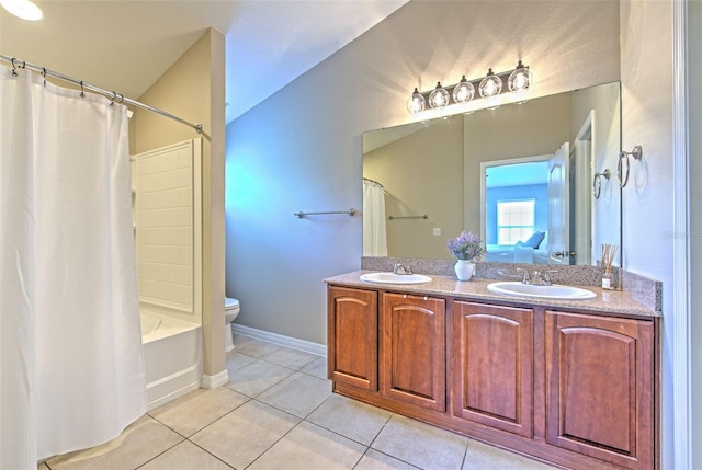 full bath with tile patterned flooring, double vanity, toilet, shower / bath combination with curtain, and baseboards