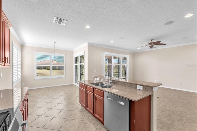 kitchen with dishwasher, a sink, open floor plan, crown molding, and a ceiling fan