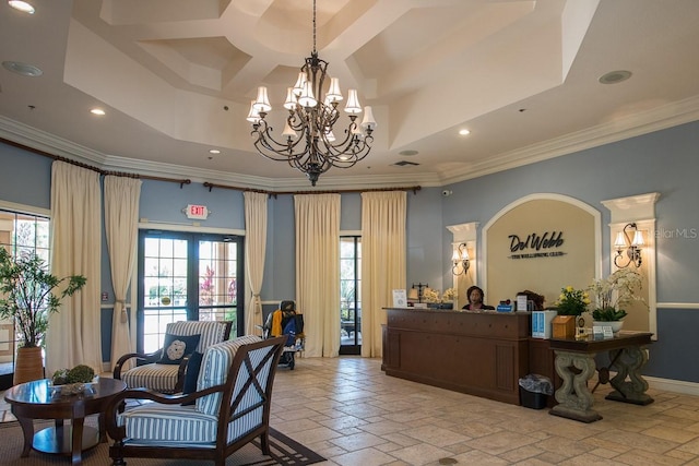 welcome area with recessed lighting, ornamental molding, a chandelier, coffered ceiling, and a high ceiling