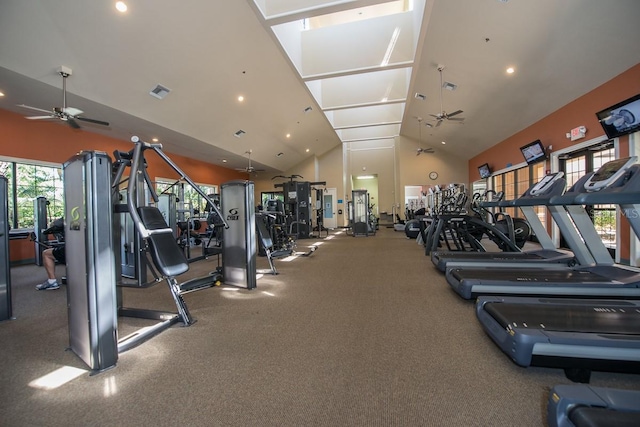 gym featuring ceiling fan, high vaulted ceiling, and recessed lighting