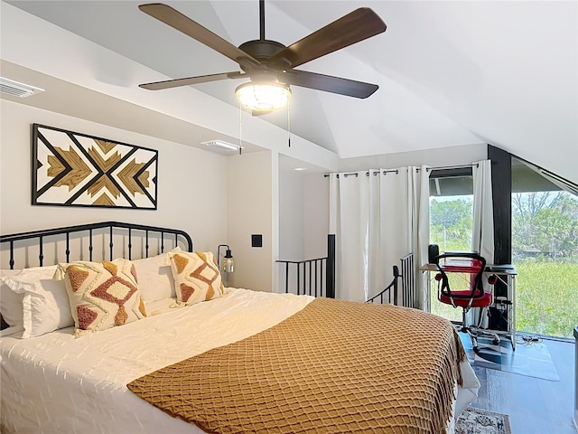 2653 N Seabreeze Pt Unit M-2, Crystal River, FL 34429 - bedroom with a ceiling fan, vaulted ceiling, and access to outside