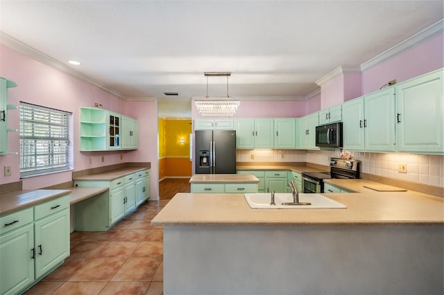 3013 Crest Dr, Clearwater, FL 33759 - kitchen featuring stainless steel appliances, a sink, backsplash, a peninsula, and light tile patterned flooring
