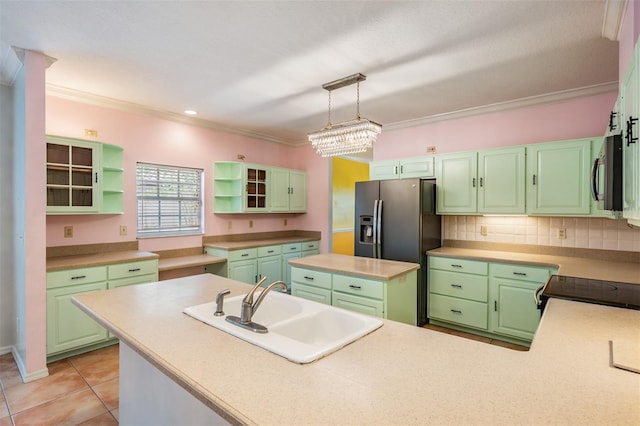 3013 Crest Dr, Clearwater, FL 33759 - kitchen with a sink, open shelves, crown molding, appliances with stainless steel finishes, and decorative backsplash