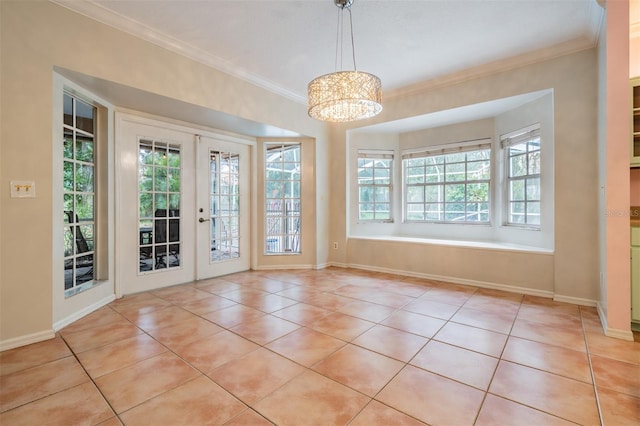 3013 Crest Dr, Clearwater, FL 33759 - unfurnished dining area featuring ornamental molding, light tile patterned floors, a chandelier, french doors, and baseboards