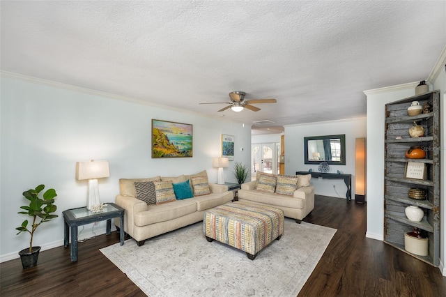 12913 126th Ter, Largo, FL 33774 - living area featuring ornamental molding, ceiling fan, wood finished floors, a textured ceiling, and baseboards