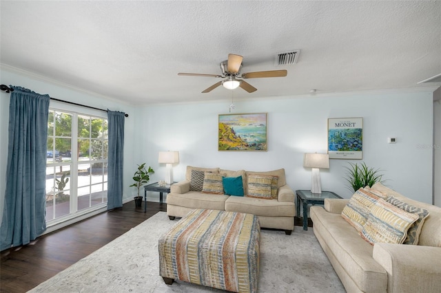 12913 126th Ter, Largo, FL 33774 - living area featuring a ceiling fan, ornamental molding, wood finished floors, and a textured ceiling