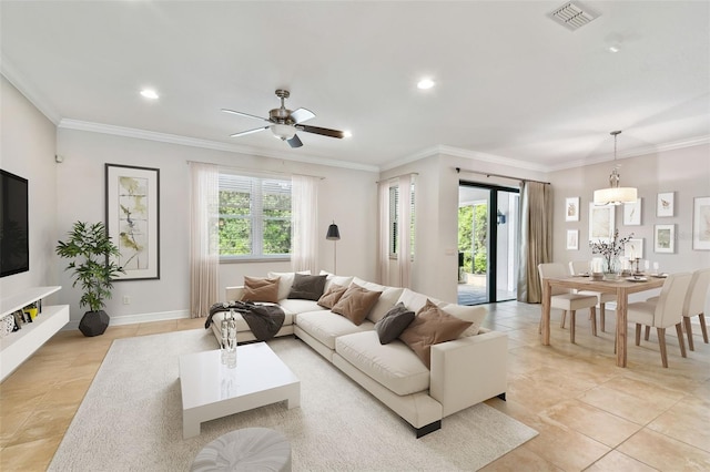 11624 Calf Path Dr, Tampa, FL 33626 - living area featuring plenty of natural light, light tile patterned floors, ceiling fan, ornamental molding, and recessed lighting