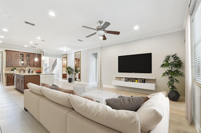 11624 Calf Path Dr, Tampa, FL 33626 - living area featuring recessed lighting, ceiling fan, ornamental molding, stairs, and light tile patterned flooring