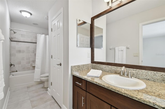 11624 Calf Path Dr, Tampa, FL 33626 - full bathroom featuring vanity, shower / tub combo with curtain, toilet, tile patterned flooring, and baseboards