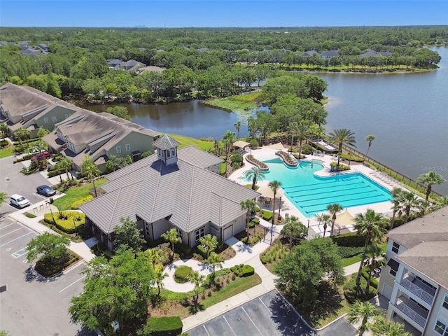 11624 Calf Path Dr, Tampa, FL 33626 - bird's eye view of a pool area, a forest, and a large body of water