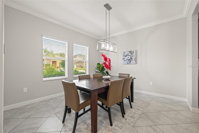 3212 Calvano Dr, Land O Lakes, FL 34639 - dining space with ornamental molding, light tile patterned floors, baseboards, and a chandelier