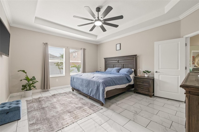 3212 Calvano Dr, Land O Lakes, FL 34639 - bedroom featuring a tray ceiling, light marble finish flooring, crown molding, and ceiling fan