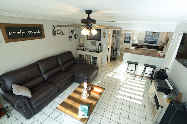 300 6th St N Unit E3, Safety Harbor, FL 34695 - living room with light tile patterned flooring, crown molding, and a ceiling fan
