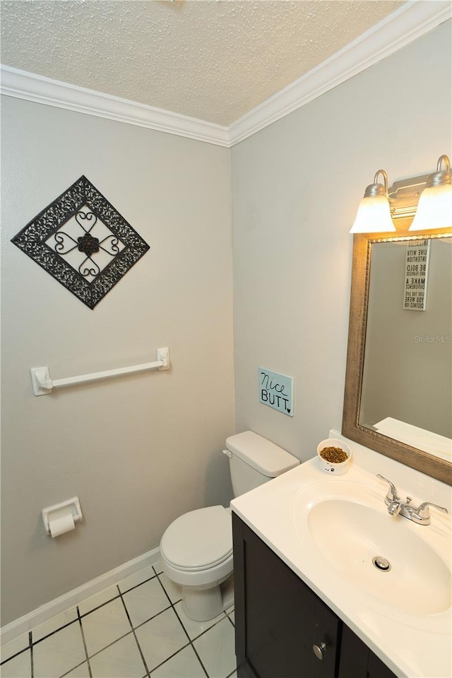 300 6th St N Unit E3, Safety Harbor, FL 34695 - half bath featuring ornamental molding, toilet, a textured ceiling, vanity, and baseboards