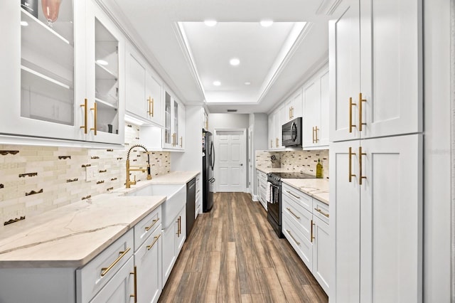 9722 Tiffany Oaks Ln, Tampa, FL 33612 - kitchen with black appliances, dark wood finished floors, a sink, backsplash, and white cabinetry