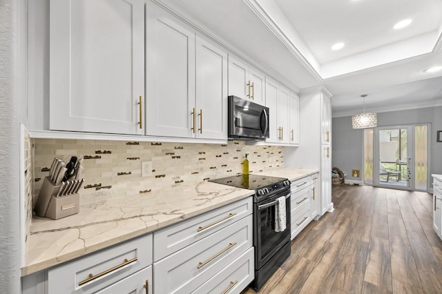 9722 Tiffany Oaks Ln, Tampa, FL 33612 - kitchen with black range with electric stovetop, ornamental molding, white cabinetry, wood finished floors, and tasteful backsplash