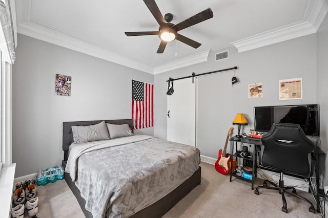 9722 Tiffany Oaks Ln, Tampa, FL 33612 - bedroom with a barn door, ornamental molding, carpet flooring, an office area, and a ceiling fan