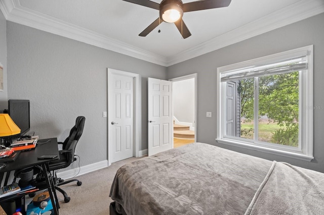 9722 Tiffany Oaks Ln, Tampa, FL 33612 - bedroom with ornamental molding, carpet floors, baseboards, an office area, and ceiling fan