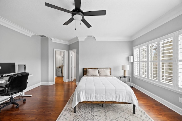 9722 Tiffany Oaks Ln, Tampa, FL 33612 - bedroom featuring crown molding, wood finished floors, baseboards, a ceiling fan, and a desk