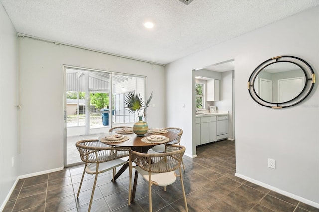 11409 Spring Hill Dr, Spring Hill, FL 34609 - dining space with healthy amount of natural light, a textured ceiling, baseboards, dark tile patterned flooring, and recessed lighting