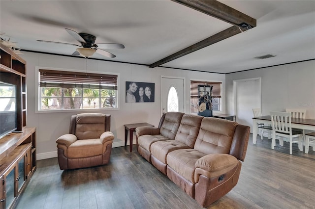 living area featuring wood finished floors, ceiling fan, beam ceiling, and baseboards