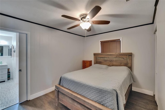 bedroom with baseboards, wood finished floors, and a ceiling fan